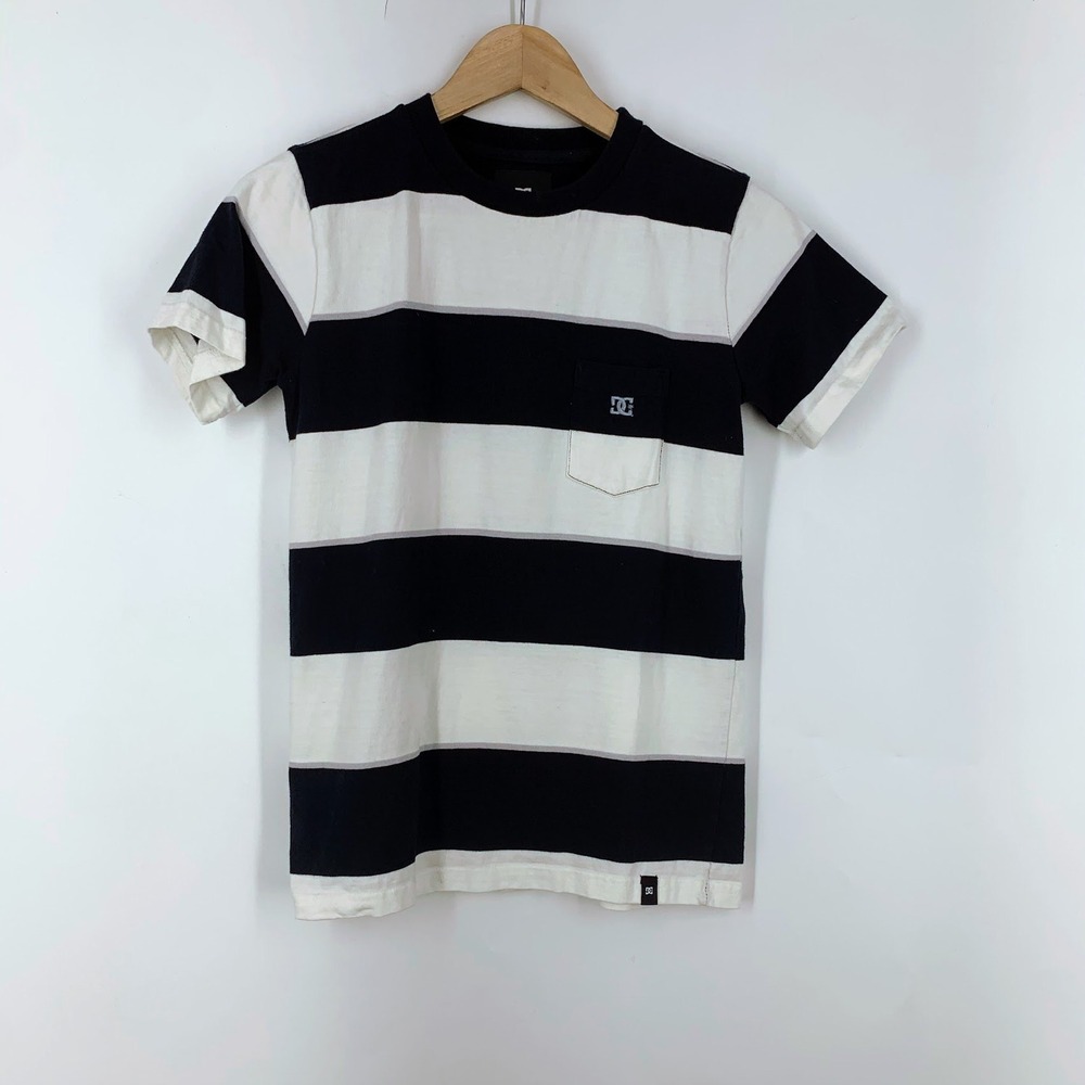 DC Shoes Kids Navy Blue White Striped Short Sleeve Pocket T-Shirt Skate Size 12